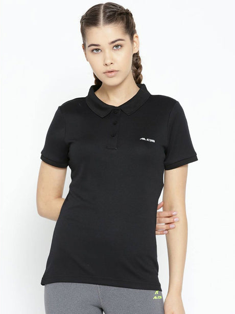 Alcis Women Black Solid Polo Collar T-shirt | Alcis