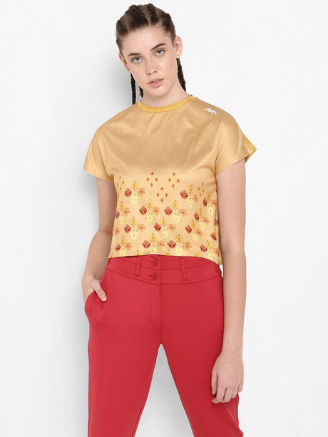 Alcis Women Beige Orange Printed Round Neck T-shirt | Alcis
