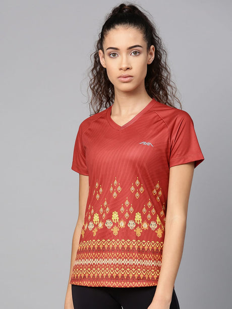 Alcis Women Rust Red Yellow Printed V-Neck T-shirt | Alcis