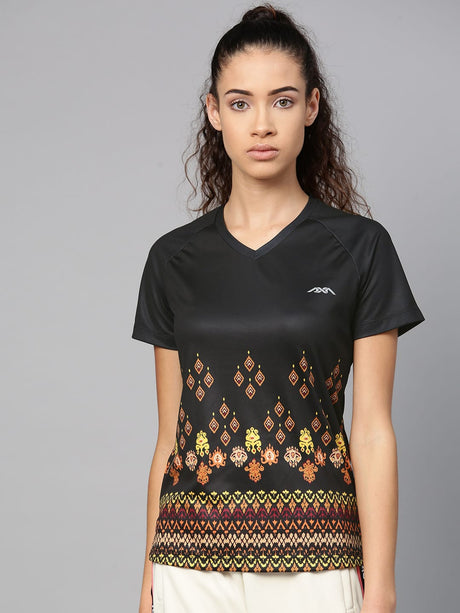 Alcis Women Black Beige Printed V-Neck T-shirt | Alcis