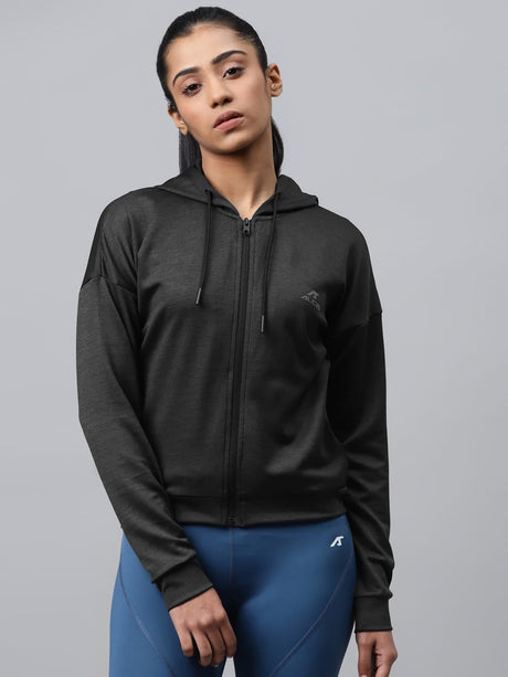 Alcis Women Charcoal Grey Self-Design Hooded Training Jacket | Alcis