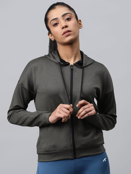 Alcis Women Charcoal Grey Hooded Solid Training Jacket | Alcis