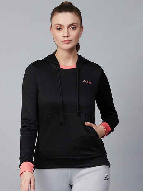 Alcis Women Black Solid Hooded Sweatshirt | Alcis