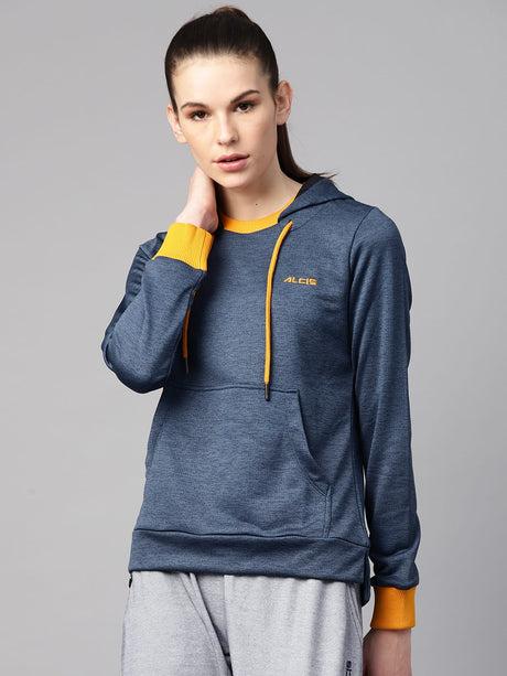 Alcis Women Navy Blue Self Design Hooded Sweatshirt | Alcis