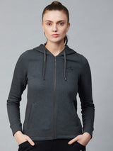 Alcis Women Charcoal Grey Solid Hooded Front-Open Sweatshirt