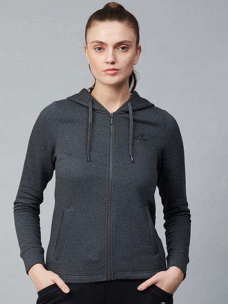 Alcis Women Charcoal Grey Solid Hooded Front-Open Sweatshirt | Alcis