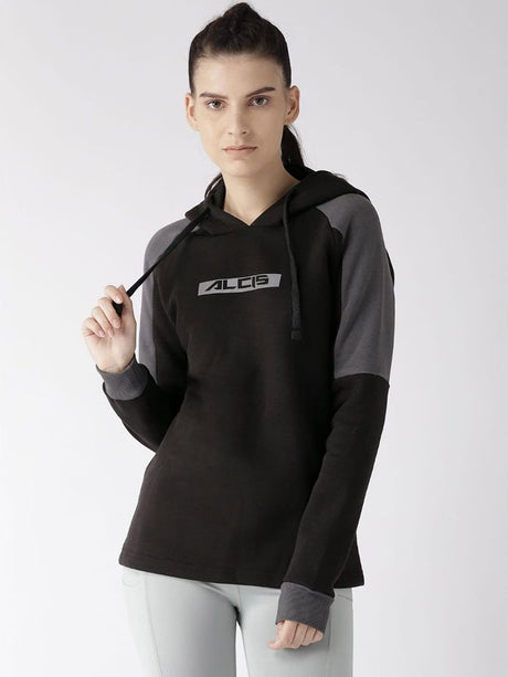 Alcis Women Black Charcoal Grey Printed Detail Hooded Sweatshirt | Alcis