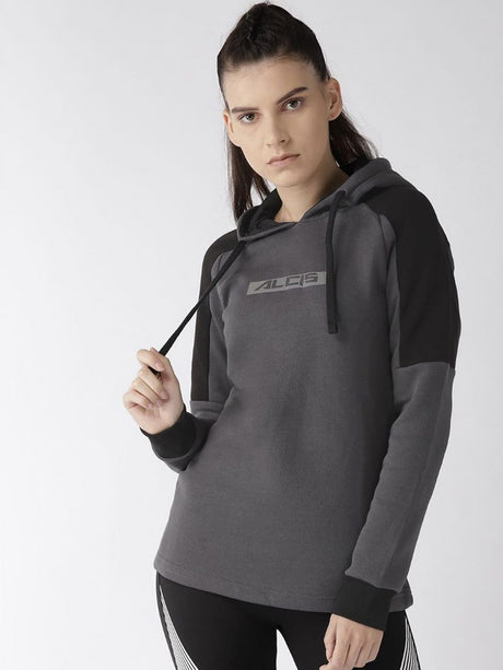 Alcis Women Charcoal Grey Black Printed Detail Hooded Sweatshirt | Alcis