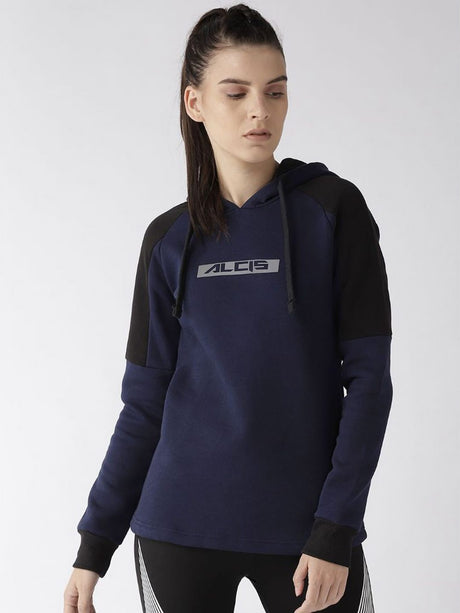Alcis Women Navy Blue Printed Detail Hooded Sweatshirt | Alcis