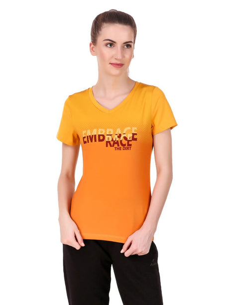 Alcis Women Mustard Yellow Printed V-Neck Running T-shirt | Alcis