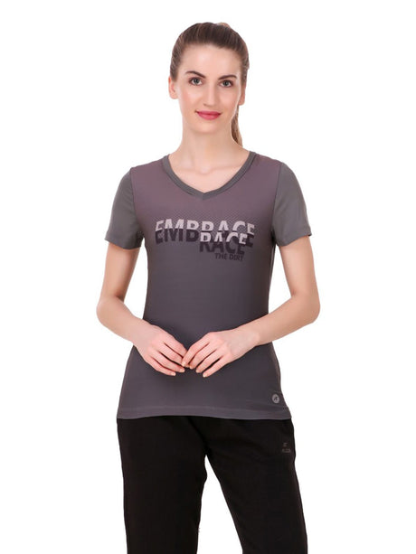 Alcis Women Grey Printed V-Neck Running T-shirt | Alcis