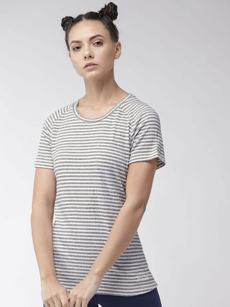 Alcis Women Black Off-White Striped Round Neck T-shirt | Alcis