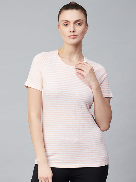 Alcis Women Peach-Coloured & White Striped Round Neck T-shirt | Alcis