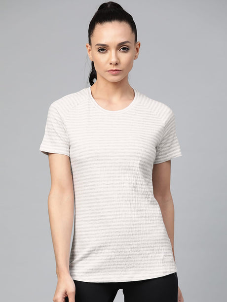 Alcis Women White & Grey Striped Round Neck Sports T-shirt | Alcis