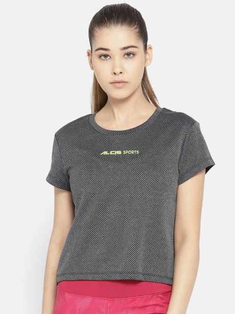 Alcis Women Charcoal Grey Self Design Round Neck Crop T-shirt | Alcis