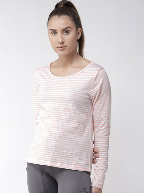 Alcis Women White Peach-Coloured Slim Fit Striped Round Neck Yoga T-shirt | Alcis