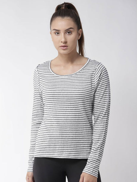 Alcis Women White Navy Blue Slim Fit Striped Round Neck Yoga T-shirt | Alcis
