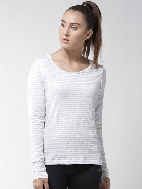 Alcis Women White Grey Slim Fit Striped Round Neck Yoga T-shirt | Alcis