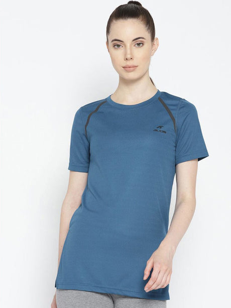 Alcis Women Teal Blue Solid Round Neck T-shirt | Alcis