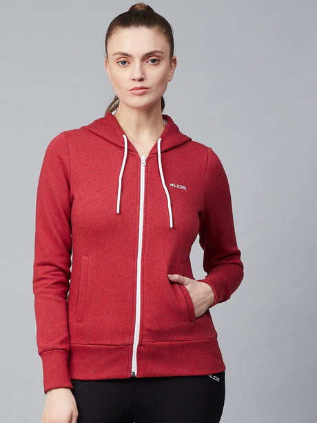 Alcis Women Red Solid Hooded Front-Open Sweatshirt | Alcis