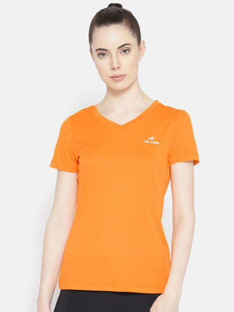 Alcis Women Orange Solid V-Neck T-shirt | Alcis