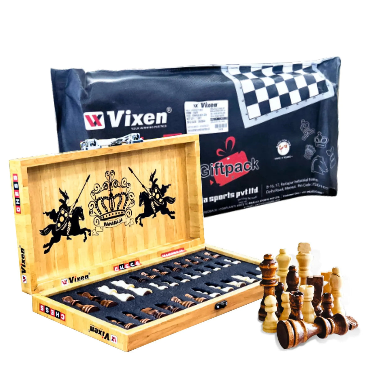 VIXEN CHESS BOARD FOLDABLE MAHARAJA WOOD COINS SMALL PINE