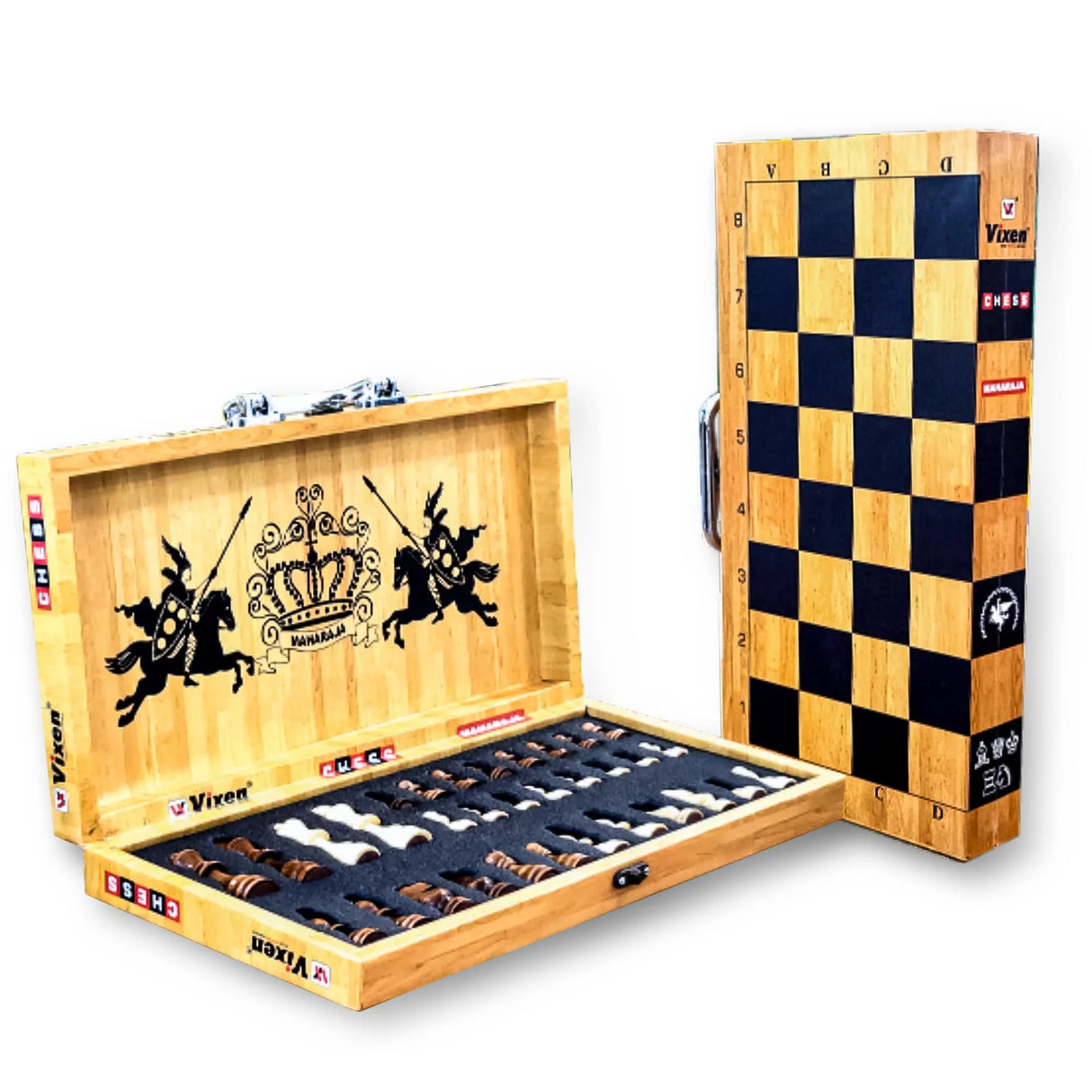 VIXEN CHESS BOARD FOLDABLE MAHARAJA WOOD COINS SMALL PINE