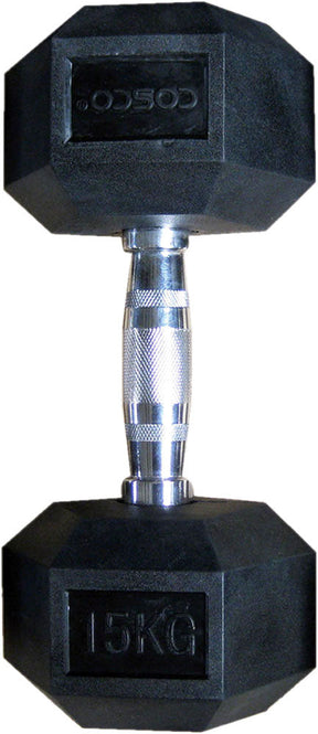 Cosco Hexagonal Rubber Dumbbell, 15Kg | KIBI Sports Cosco