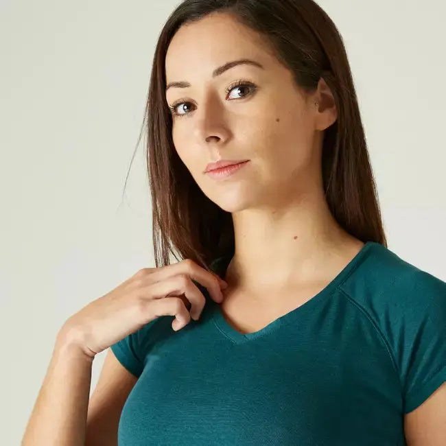 Domyos Women Cotton Blend Gym T-shirt Slim fit 500 - Turquoise Domyos