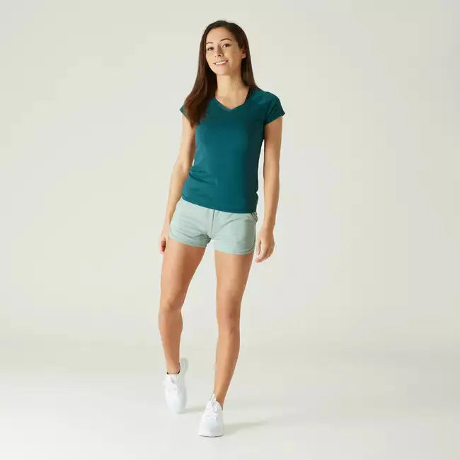 Domyos Women Cotton Blend Gym T-shirt Slim fit 500 - Turquoise Domyos