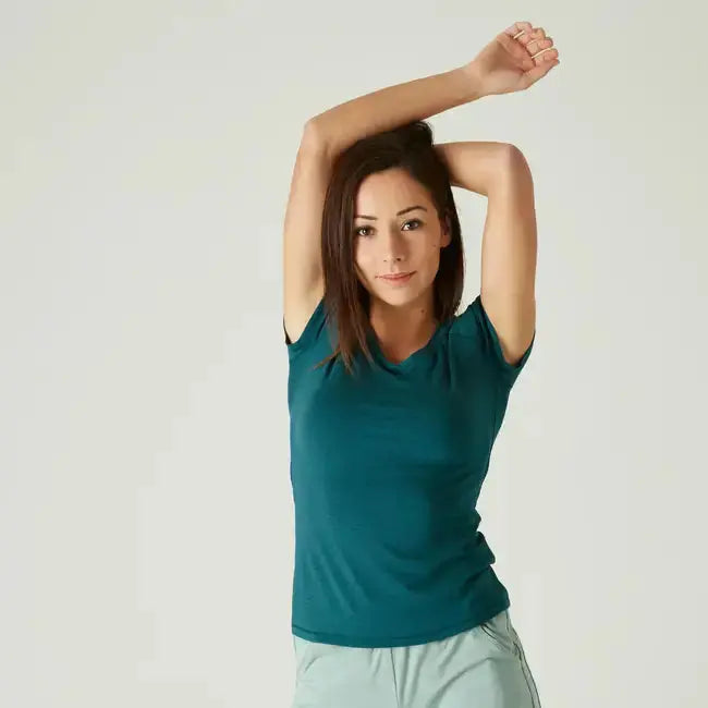 Domyos Women Cotton Blend Gym T-shirt Slim fit 500 - Turquoise Domyos