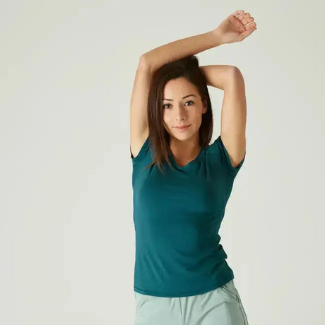Domyos Women Cotton Blend Gym T-shirt Slim fit 500 - Turquoise Domyos